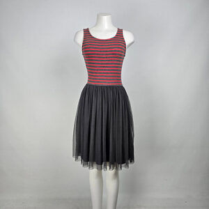 Matilda Jane T'WAS THE NIGHT Dress Red Stripes Tulle Overlay Size XS